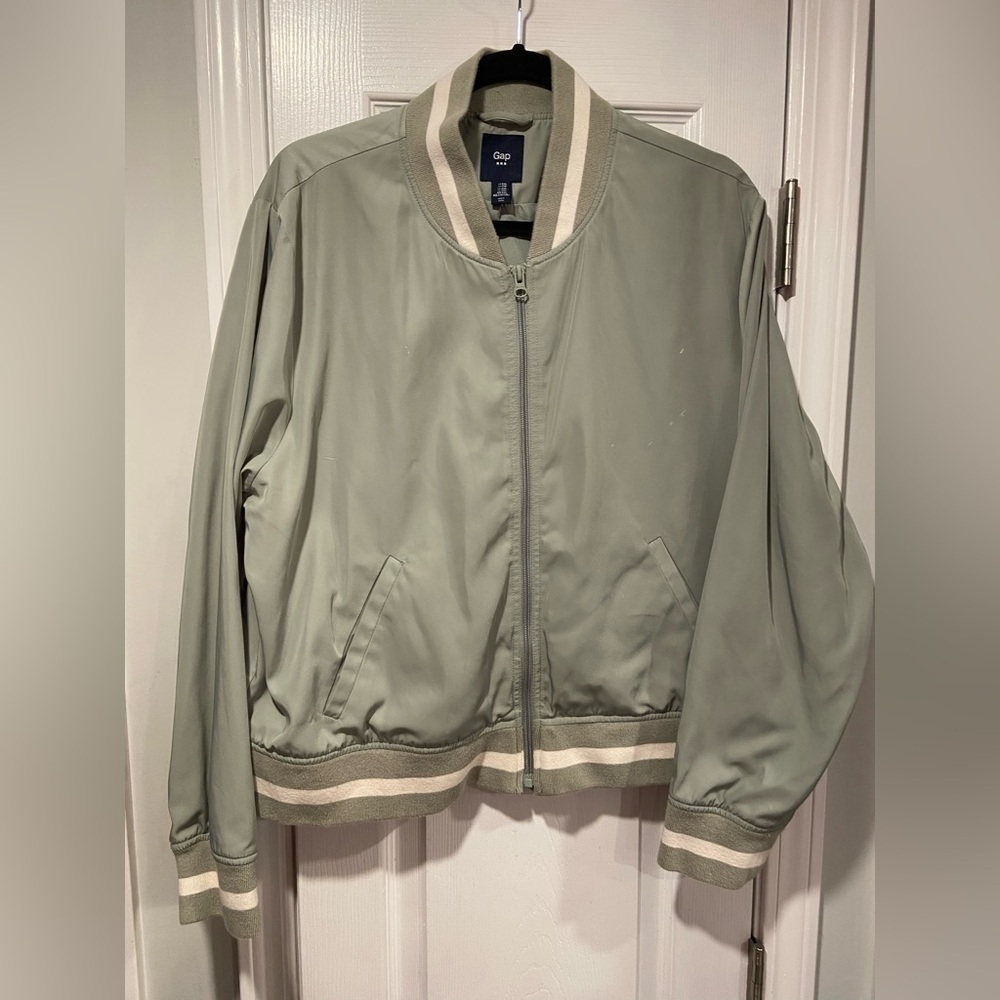 Gap Mint Green Cream Striped Varsity Bomber Jack Full Zip Pockets Size XXL